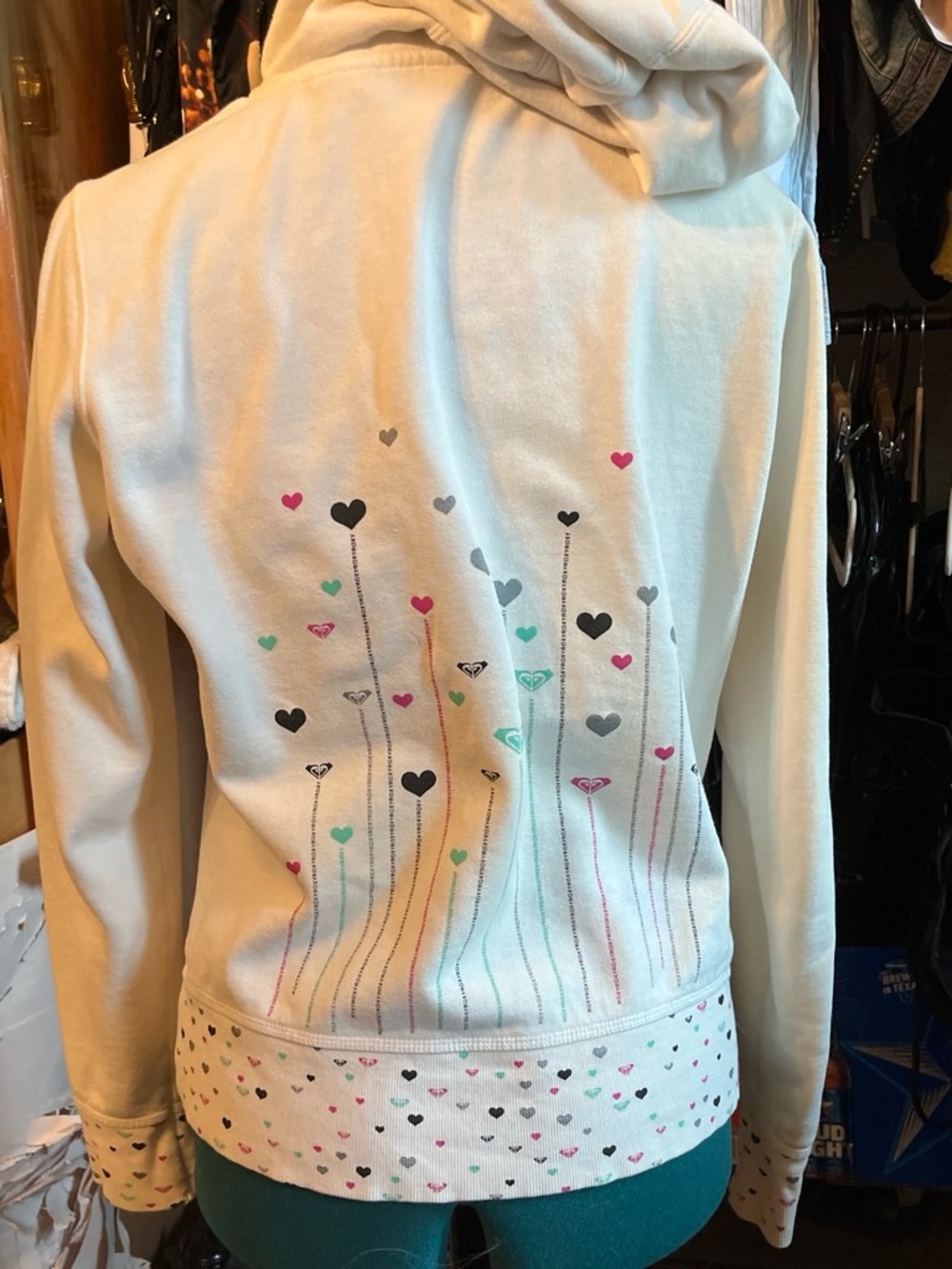 Roxy Cream Zip-Up Hoodie with Black Bows and Multicolor Hearts - Picture 2 of 2